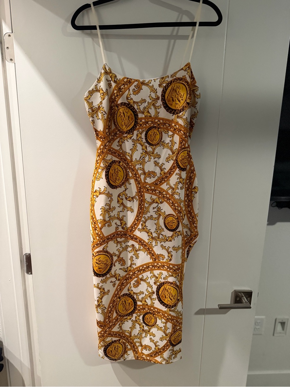 Fashion Nova White & Gold Baroque Midi Slip Dress